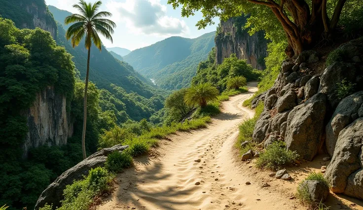 Real photot, a litle uphill way at Sandy steep rock hill with tropical heterogen forest at lef and right.