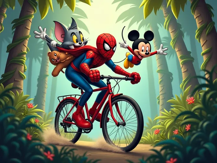 tom and jerry, spiderman, mickey mouse riding a cycle in the jungle