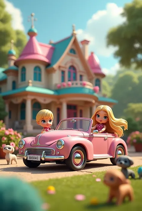 Stella a DOLL  parks their convertible in front of the Dreamhouse, while Ella doll waves happily at miniature pets waiting on the porch.