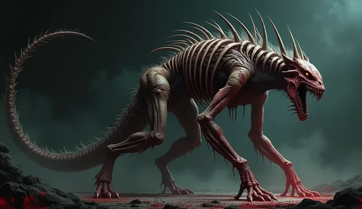 quadrupedal monster, exoskeleton made of bones, long tail with a sharp tip, medium hair, bleeding, multiple dental arches, loose jaw, stinger at the tip of the tail