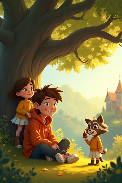 "An enchanting village at the edge of a vast, mystical forest, with a warm, golden afternoon glow. Beneath a sprawling oak tree, Alex (a cheerful boy with tousled brown hair, wearing an orange hoodie and sneakers) and Lily (a curious girl with wavy brown h...