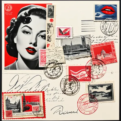 Mail Art. Lipstick Mark on a Piece of Postcards, image and object collages, artist stamps