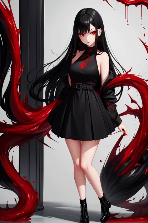 Woman , Black hair , red eyes , elegant  , black short dress  , full body