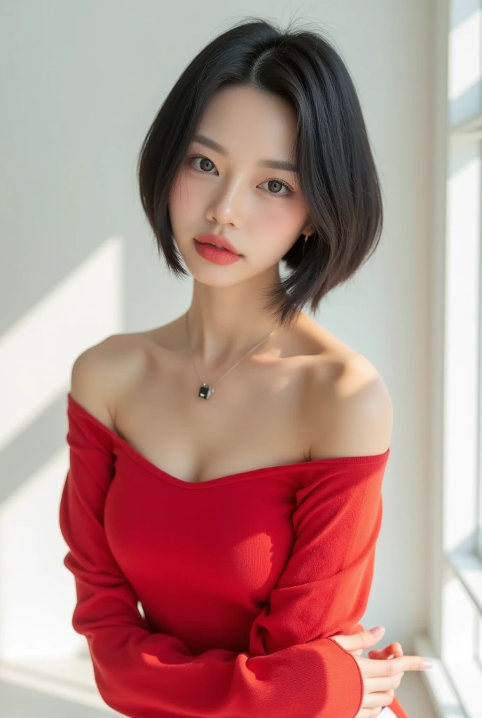 (最 High Quality )， (  Masterpiece )， ( high detail)， 32K，  Official Art， 32k HD Wallpaper ，  High Quality ，  1 girl，  short hair， Dancing，  Red Off Shoulder Sweater，  Minimalistic Outfit ， illumination，  Minimalistic Outfit ， No pattern， cowboy_shot， White...