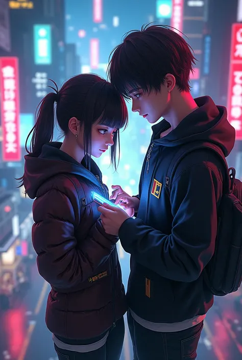 Anime image seen from above ,  a couple of a  brunette girl with neck-length hair dressed in cyberpunk style playing on the phone,  and her tall adult boyfriend dressed in cyberpunk playing on their phone 