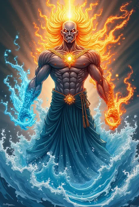 Fusion of Hades and Poseidon with fire and water in the background in the manga yugioh style 