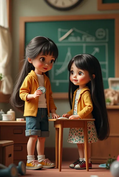 Stella stands at a chalkboard, demonstrating compass skills to other dolls, while Ella designs a chic adventure uniform.