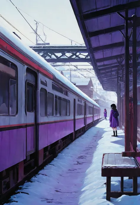 panoramic, illustration、snow，snow花飞舞， busy train station、 from 80s horror movies,  Director Junji Ito、nightmare、Anime style girl ，high detail,  realistic shadows 、Analog style, VHS style, 8mm Film, Chromatic Aberration, DVD Screenshots、 blue-purple and red...