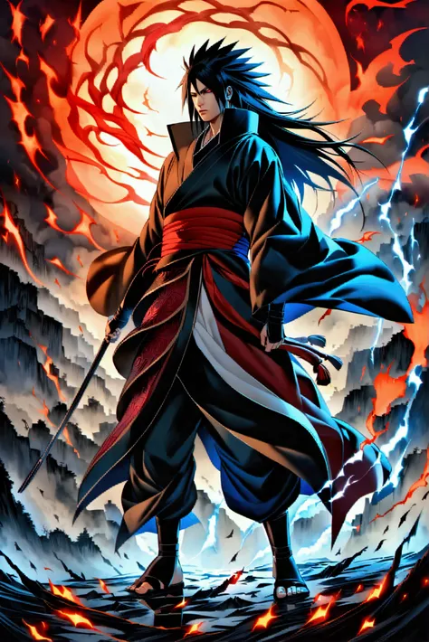 Create a high-definition, digital painting of Uchiha Madara from Naruto Shippuden, standing in a dynamic battle stance. The style should be a blend of the original anime and hyper-realistic art. Focus on the details such as his menacing Sharingan eyes, the...