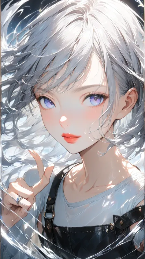 24-year-old woman, Magician of the wind and informant ,  soft silvery white hair color that shines slightly blue in sunlight, 
Hairstyle： asymmetrical short bobで、Her hair flows diagonally from under her ear down to her shoulder. 。
Eyebrows/eyelashes： Eyebr...