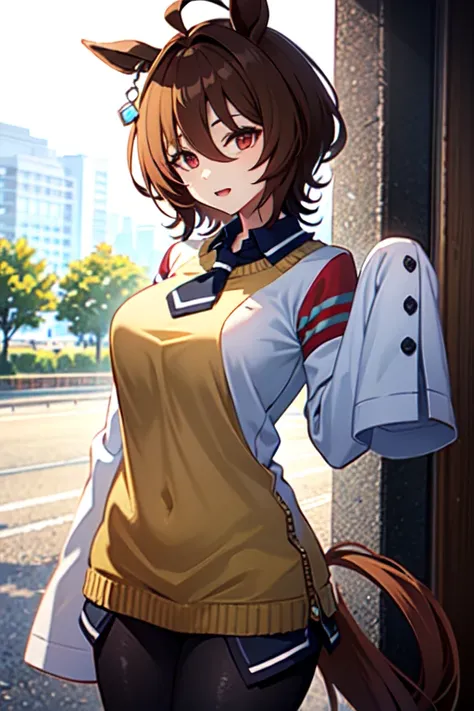  Agnes Tachion、Horse Girl、 girl、一人の girl、Horse ears、Horse tail、 earring on one side 、Red eyes、 short hair、 brown hair、Whiteの上着、（White:1.2)、(bigger sleeve than wrist :1.2)、 yellow big sweater 、 ties、 black pantyhose、Stray hair、best qualty,