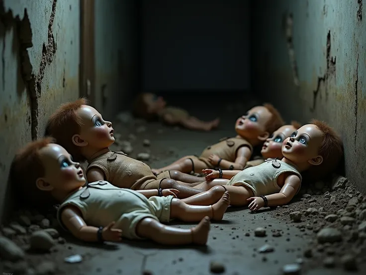  old and sinister dolls thrown in the basement of the abandoned house, dark and mysterious environment, sad and melancholy, Last century, High definition images and realism , 4K