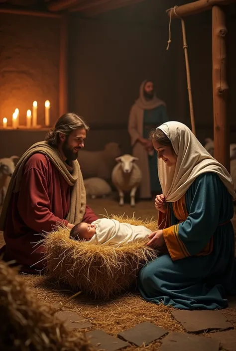 Create a stunning and realistic image, very detailed, of the birth of the Lord Jesus in a sheepfold, a baby wrapped in cloth, lying in a manger full of straw, there is a beautiful mother Mary, and father Joseph who faithfully accompanies him. and a little ...