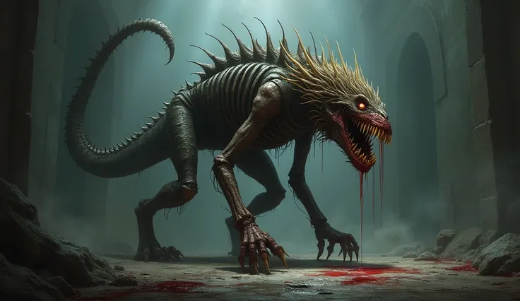 two-footed monster, exoskeleton made of bones, long tail with a sharp tip, medium hair, bleeding, multiple dental arches, loose jaw, stinger at the tip of the tail, 
digitigrade