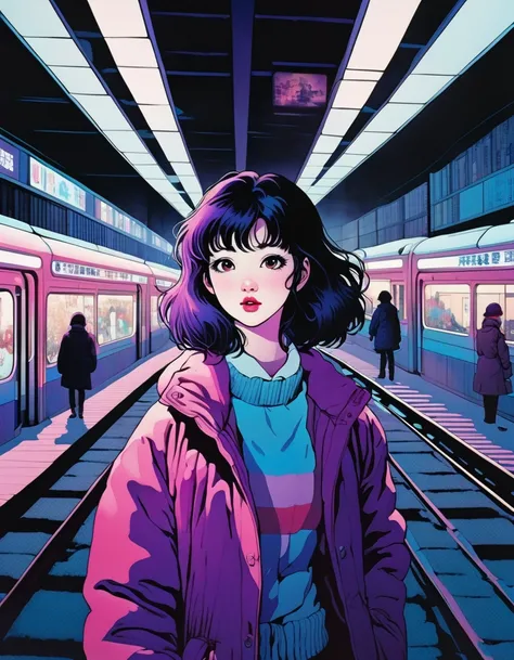 panoramic, illustration、snow，snow花飞舞， busy train station、 from 80s horror movies,  Director Junji Ito、nightmare、Anime style girl ， milk、Analog style, VHS style, 8mm Film, Chromatic Aberration, DVD Screenshots、 blue-purple and red-purple gradients from horr...