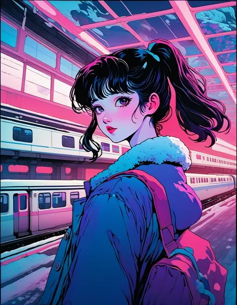 panoramic, illustration、snow，snow花飞舞， busy train station、 from 80s horror movies,  Director Junji Ito、nightmare、Anime style girl ， milk、Analog style, VHS style, 8mm Film, Chromatic Aberration, DVD Screenshots、 blue-purple and red-purple gradients from horr...