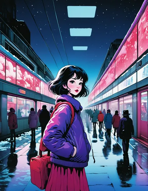 panoramic, illustration、snow，snow花飞舞， busy train station、 from 80s horror movies,  Director Junji Ito、nightmare、Anime style girl ， milk、Analog style, VHS style, 8mm Film, Chromatic Aberration, DVD Screenshots、 blue-purple and red-purple gradients from horr...