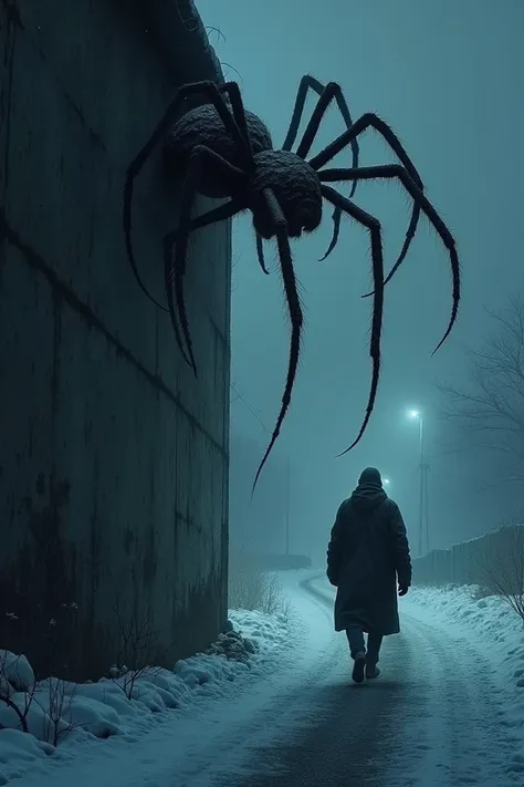 winter night its cold on the wall theres a big spider and theres a man on the road