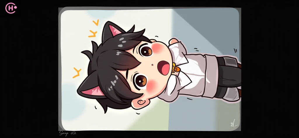 A suga chibi with a surprised face ,  jet-colored cat ears and dark brown eyes