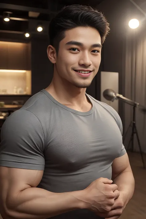 (( best quality, 【8k, masterpiece: 1.3))、 Thailand Laos Myanmar Asia , Thai man,  short hair Asian handsome rugby player,  Muscular beard ,  and big muscles ., １One owns、 them、 good looks 、 Beautiful Nose 、Smile、  detailed eyes and face 、beautiful light、(s...