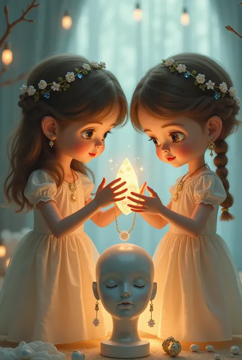 Stella young doll holds a glowing crystal necklace, while Ella places matching earrings onto a mannequin.