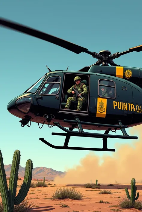 A black helicopter with yellow details,  identified as Federal Police ,  flies over the arid landscape of the Brazilian caatinga .  The inscriptions Federal Police and HUNTER 06 are clearly visible on the side, next to the official coat of arms .  In the s...