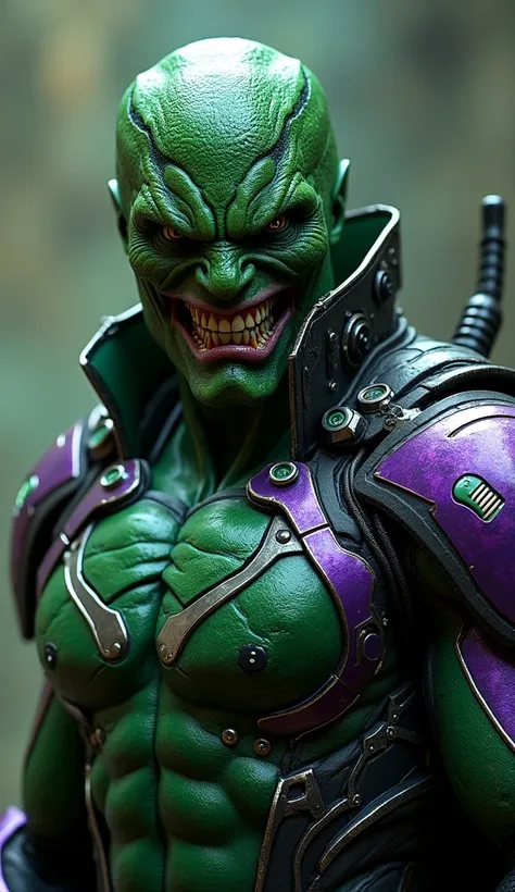 Lex Luthor DC in green and purple armor with the head of a furious snake