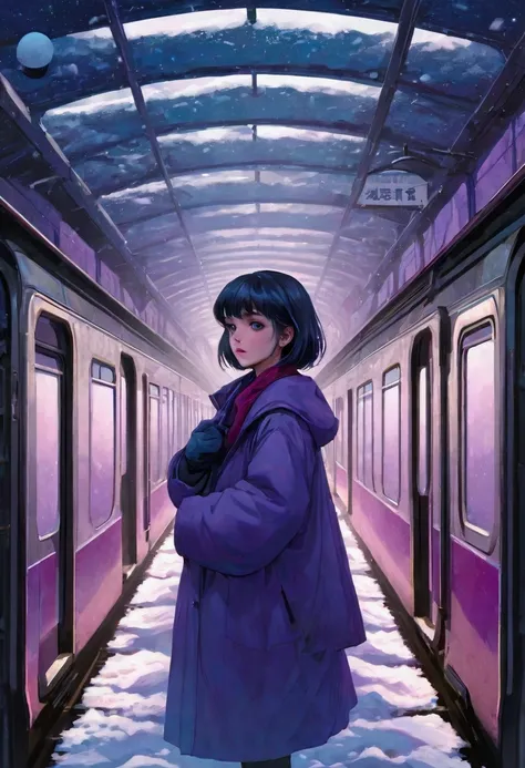 panoramic, illustration、snow，snow花飞舞， busy train station、 from 80s horror movies,  Director Junji Ito、nightmare、Anime style girl ，high detail,  realistic shadows 、Analog style, VHS style, 8mm Film, Chromatic Aberration, DVD Screenshots、 blue-purple and red...