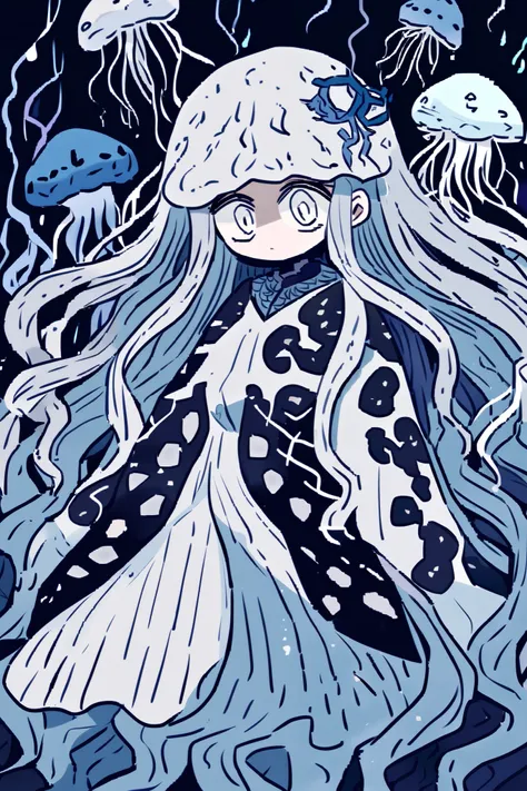 a  girl in Clothing in the water ocean style under water, under the types of jellyfish. her friend boy medusa in human form. 