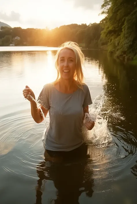  photo of a 40-year-old woman with long grey blonde hair in a lake, splashing water , Sunset, having fun,  laughs hysterically , wearing a t-shirt, shorts,  beautiful sunny day  . high dynamic range, bright, Rich details, clear shadows and highlights,  rea...