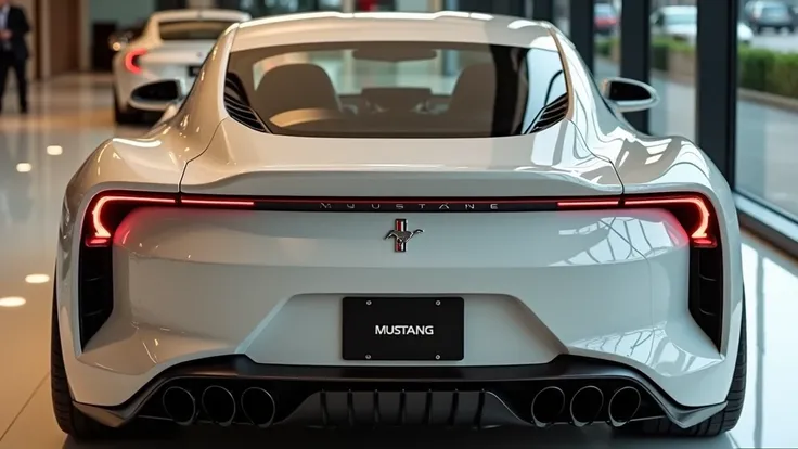 Back view of painted white with shiny clour 2025 Ford Mustang in sleek in large shape sedan in large size with Ford Mustang logo on its large detailed grille in shiny white clour with angular sporty design captured from close back view with modified sleek ...