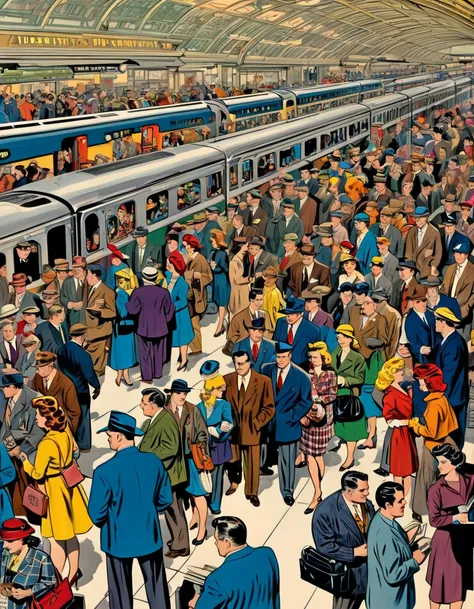 Jack Kirby art, busy train station platform, crowds of passengers, trains arriving and departing, high ceilings, architectural details, busy atmosphere. American comics, "Young Romance" style art