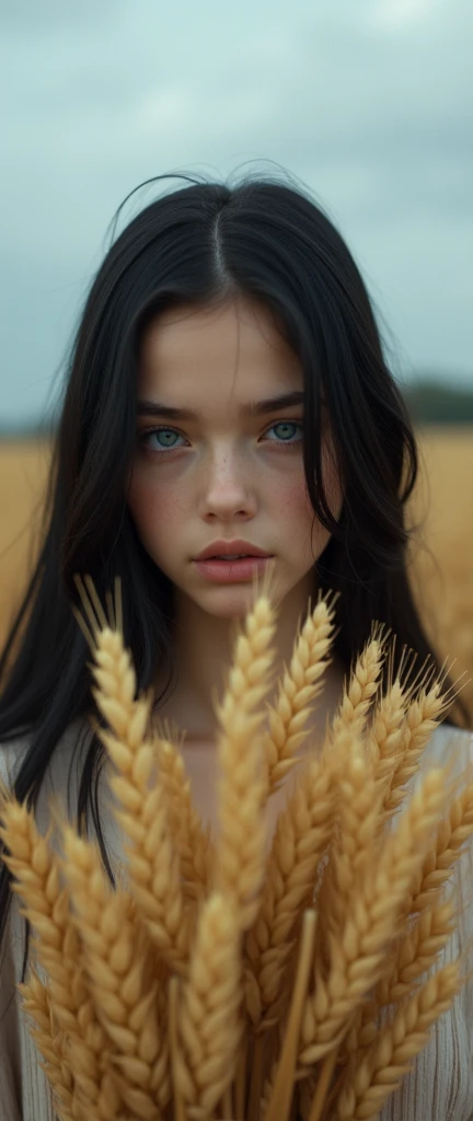  in the professional realistic photography style in an endless wheat field the sky is cloudy without color just the color of the wheat field ,  we see the close up of the face of a beautiful adolescent holding wheat close to her face with a seductive featu...