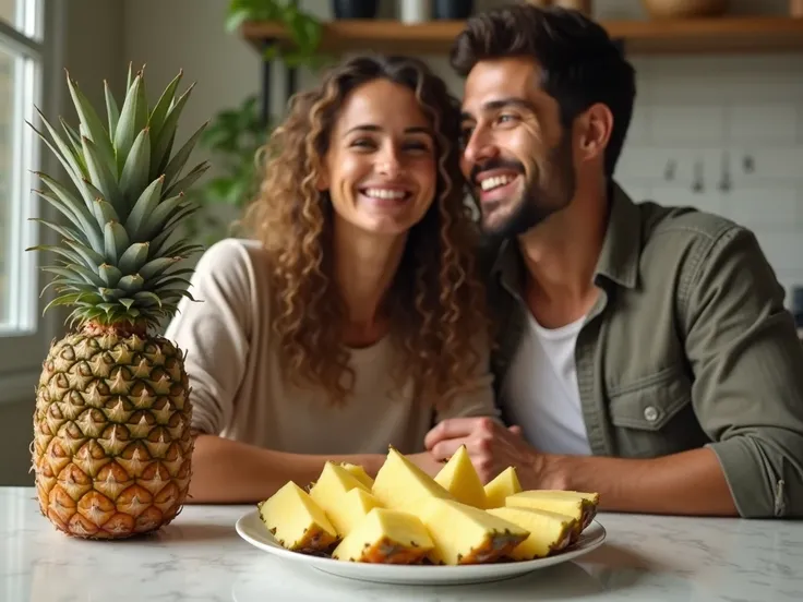  create a couple of lovers sitting in front of a table very happy.  they are looking at a plate with sliced pineapple . This plate is on the table .  next to the plate has a whole pineapple .  REALISTIC IMAGE.