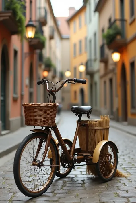 three wheeled bicycle with broom mechanism underneath (sweeper)