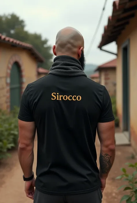 seen from behind, attractive bald shaved man with short defined beard, with cashmere scarf on his head, black t-shirt with the word sirocco, black pants, in a rural village environment, 8K, hyperrealism, masterpiece