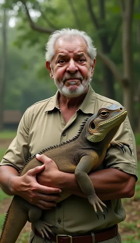 " Create a hyperrealistic image of President Lula ,  in an outdoor environment with a verdant and detailed rural landscape.  He is holding a fat, bellied calango ,  with a striking appearance and realistic texture ,  as if it were a natural and spontaneous...