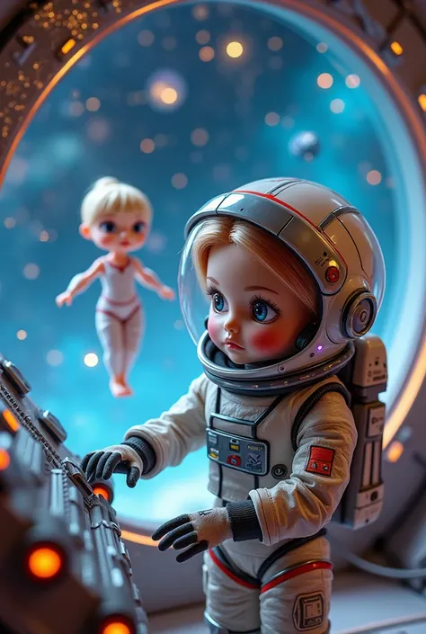 Stella, young doll  in a rugged space suit, adjusts controls inside a glittery spaceship, while Ella floats weightlessly, marveling at the stars.






