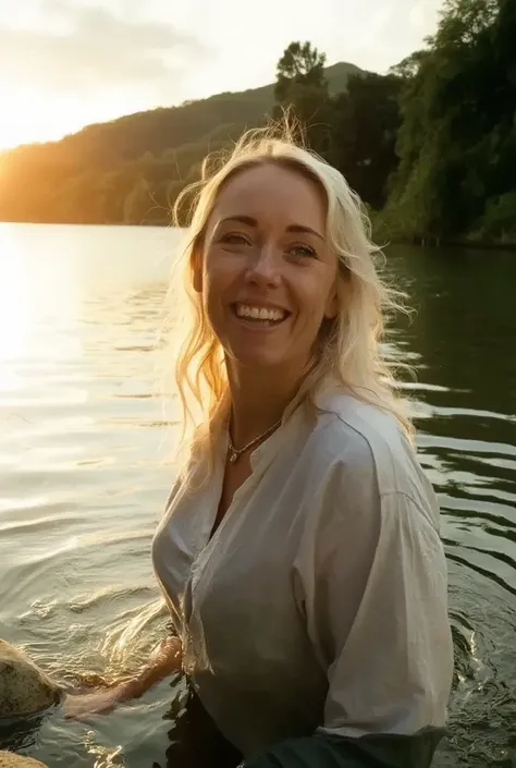  photo of a 40-year-old woman with long grey blonde hair in a lake, splashing water , Sunset, having fun,  laughs hysterically , wearing a t-shirt, shorts,  beautiful sunny day  . high dynamic range, bright, Rich details, clear shadows and highlights,  rea...