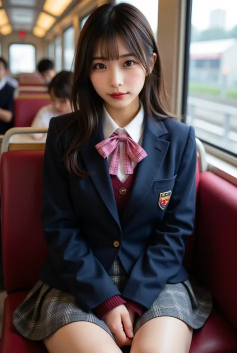 Picture of a high school girl on a train , Realistic, 美しい女性face,    staring straight at the camera   :1.37,　 camera with very short hair :1.5,  my whole body is showing : 1 Perfect Anatomy  :1.21,   has a small head :1.21, Thin lips:1.5, Close your lips, P...