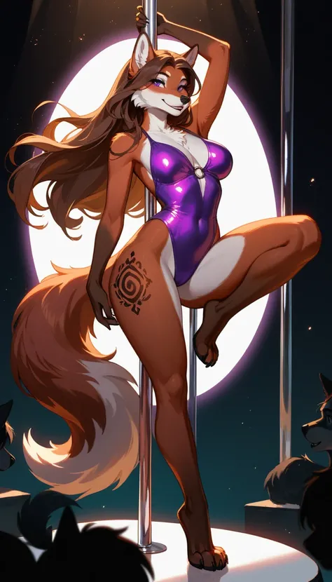      View of a sexy wolf        (Female furry,      a hairy anthropomorphic red wolf ),  graceful elegance      ,      long brown hair    ,   purple eyes,  ,   (purple vinyl swimsuit ) ,  shining,   long and thick legs  ,    cinematographic lighting , (pol...