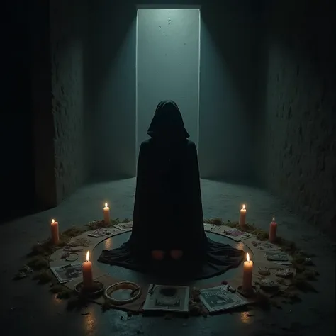 A dark and dreary basement ,  illuminated by black candles that cast disturbing shadows on the walls. in the center,  a woman dressed in a dark cloak ,  kneeling in front of a circle drawn with mysterious symbols ,  surrounded by personal objects such as a...