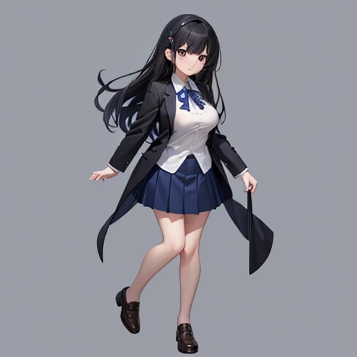 One Girls、 Animation、Length Hair、 black hair、 brown eyes、 blazer、( white shirt)、(ribbon)、( dark blue skirt )、Confused face、 High Quality 、 best quality 、Front view、  full body lesbian , big breasts、