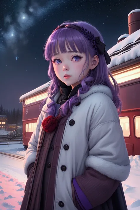 panoramic, illustration、snow，snow花飞舞，Busy train station、Anime style girl ，high detail,  realistic shadows 、Analog style, VHS style, 8mm Film, Chromatic Aberration, DVD Screenshots、 surrealism ， blue-purple and red-purple gradients from horror movies of the...