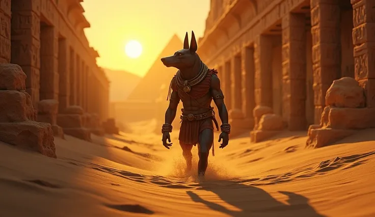 Anubis, the jackal-headed god, emerging from the golden sands of the desert at dusk, surrounded by ancient Egyptian tombs. His presence is both menacing and protective, with glowing hieroglyphs etched into the rocks around him. The scene captures the mysti...