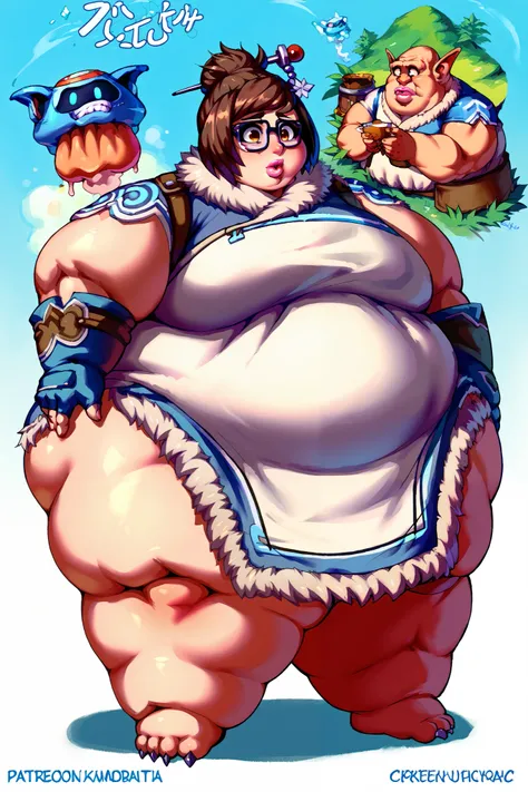 Girl becoming a monster, becoming a troll, fat, chubby, obese, fabric clothes, loincloth, 1girl, mei_ow, brown eyes, brown hair, short hair, hair sitck, hair bun, sidelocks, swept bangs, black-framed eyewear, big ears, big nose, big lips, 900 pounds, 10 ft...