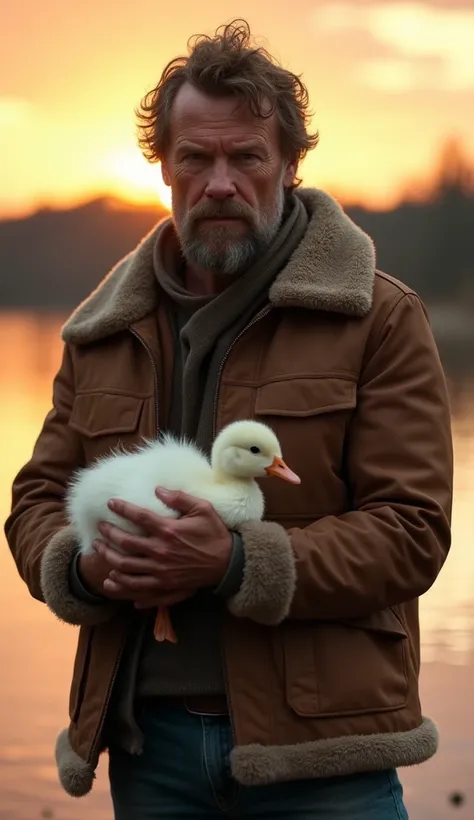 A rugged man in a brown leather jacket, holding a small, fluffy white duck in his hands, standing at the edge of a peaceful lake during sunset, hyperrealistic details, sharp focus on the man and the duck, the soft feathers of the duck contrasting with the ...