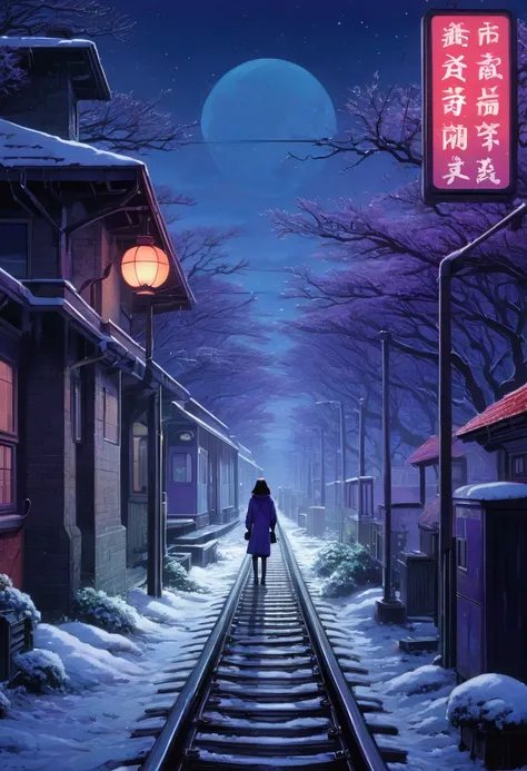 panoramic, illustration、snow，snow花飞舞， busy train station、 from 80s horror movies,  Director Junji Ito、nightmare、Anime style girl ，high detail,  realistic shadows 、Analog style, VHS style, 8mm Film, Chromatic Aberration, DVD Screenshots、 blue-purple and red...