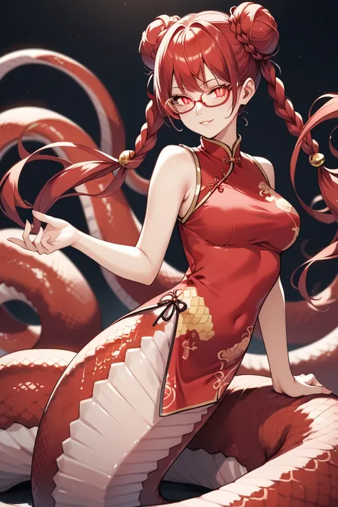 1girl,best quality,ultra detailed,(red glasses),red hair,red eyes,slit pupil,double bun,long twintails,twin braids,Qipao,cheongsam,beautiful face,
devil eyes,glowing eyes,(((red lamia))),monster girl,glamorous,from side,anime,rating_safe