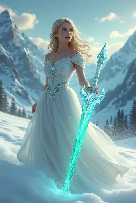 Icy rainbow flame sword  ,  Dancing in a snowy landscape ,  Wearing a fluttering white dress ,  Embellished with emerald jewels ,   Confident smile surrounded by swirling clouds against a mountain backdrop, ( best quality,4K,8k, high definition ,  Masterpi...